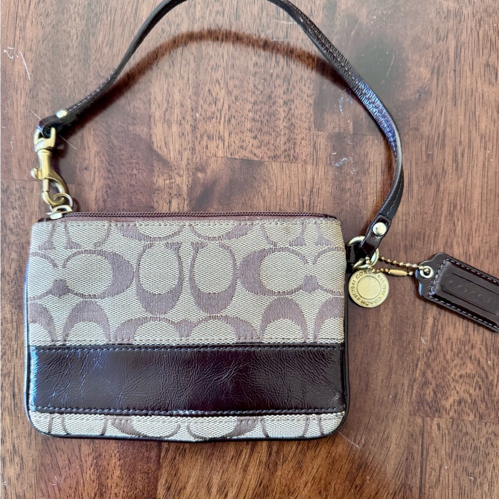 Coach Signature Brown and Tan Wristlet with Gold Hardware